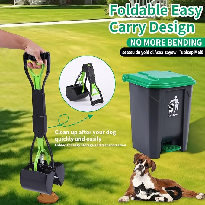 Pooper Scooper 2 Pack with 20 Litre Step Dog Poop Trash Can, 28" Long Handle Dog Poop Scoopers for Large Small Dogs Heavy Duty, Removable Inner Bucket for Outdoors, 50 Waste Bags Included (Green)
