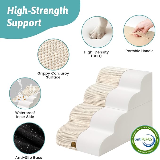 Detachable Dog Stairs for Small Dog, 4 Step Curved Dogs Step for Puppy or Older Cat, Ramp for Bed, Sofa, Couch or Chair, Ladder with High Density Foam, 15.7x28.3x19.7 inch, Beige