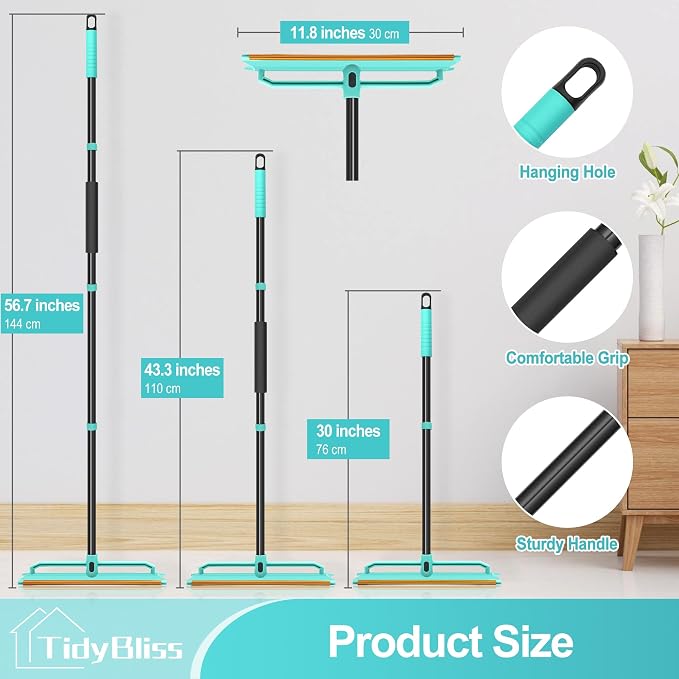 TidyBliss Carpet Rake for Pet Hair Removal Tool, 56.7” Long Handle Silicone Rug Scraper Broom, Double-Sided Dog Cat Fur Comb Brush for Mats, Couch, Furniture, Car Interiors (Blue)