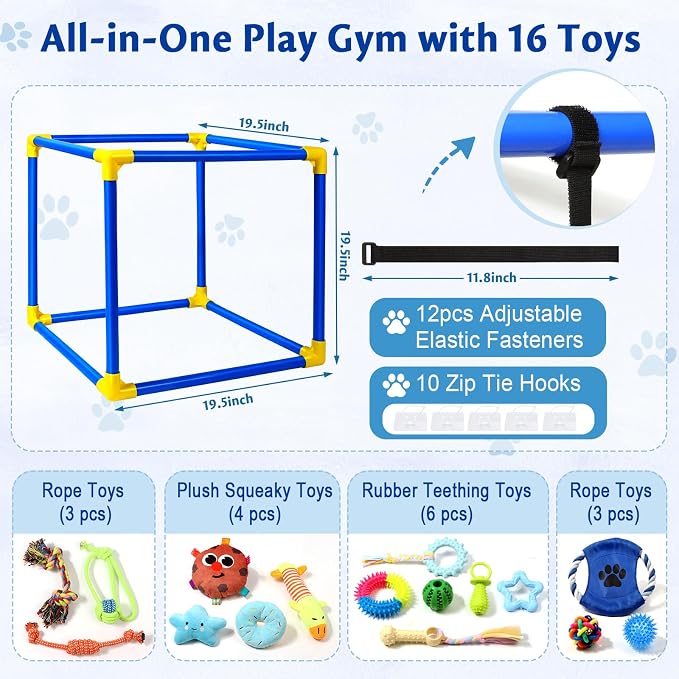 Puppy Play Gym with 16 Toys, Removable Dog Enrichment Playground, Interactive Indoor Training Activity Center for Small Dogs & Puppies, Teething & with Squeaky Toys, 12 Hanging Toys+4 Floor Toys
