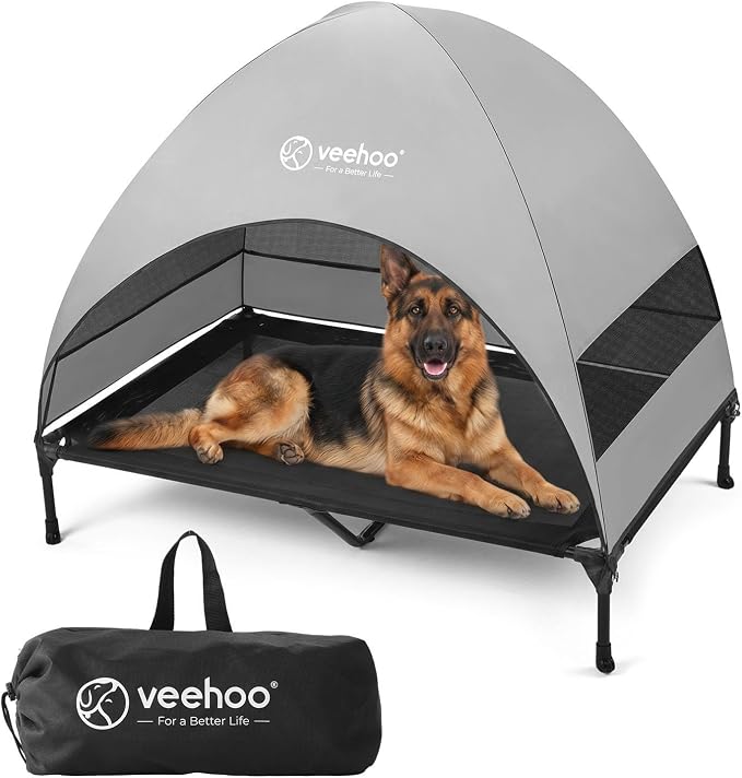 Veehoo Outdoor Dog Bed with Canopy, Cooling Elevated Dog Shade for Outside | Portable Raised Dog Cot with Removable Shade, Sun Protection Dog Tent Outdoor for Camping, Beach, 49" x 43.5", Black