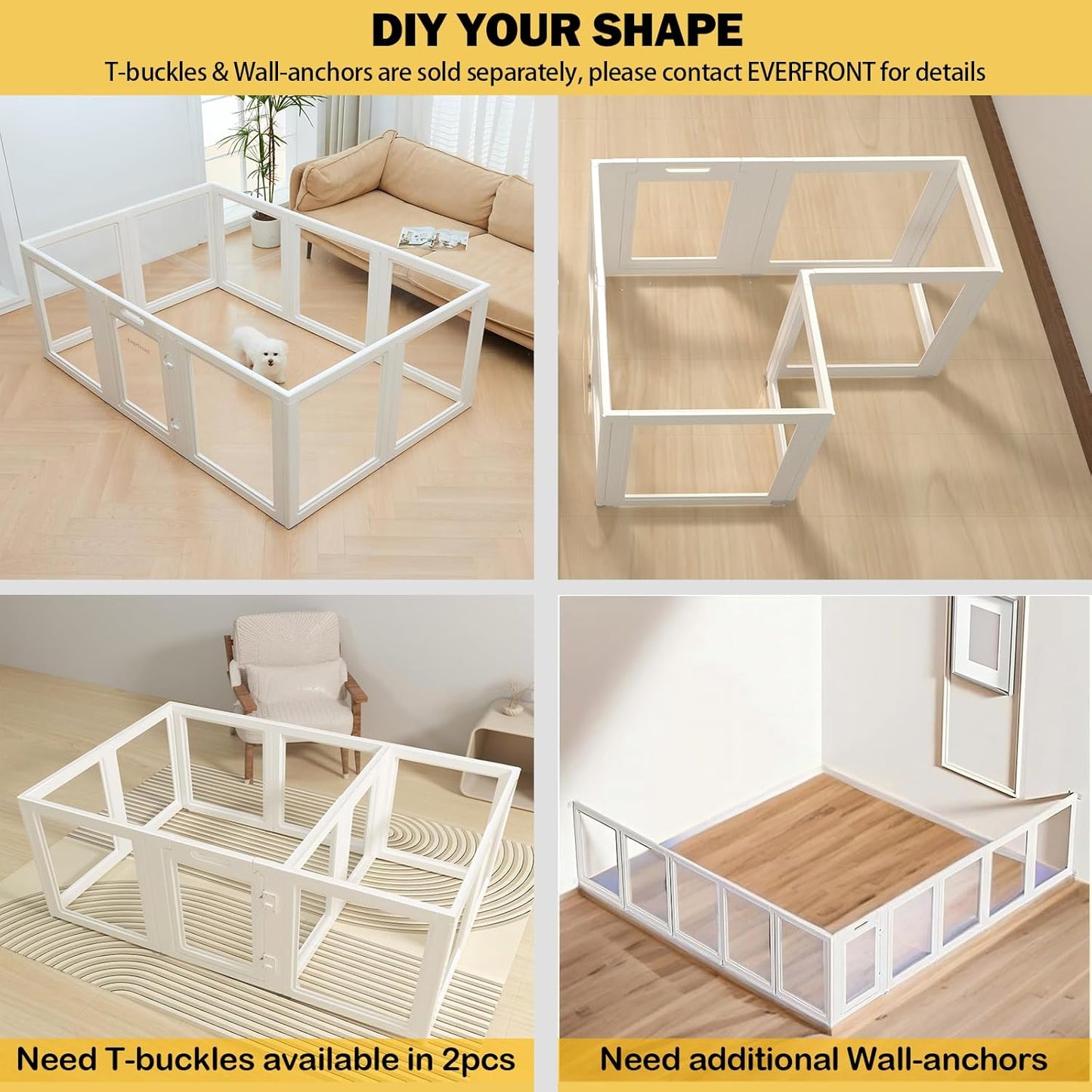 30.3“H 2PCS Extension Kit - Door+Panel, T-Buckles for Compartment, Expandable Clear Dog Play Pen Acrylic Dog Playpen Indoor,for Puppy Cat Bunny Small & Medium Dogs (White, 30.3" H, 2PCS)