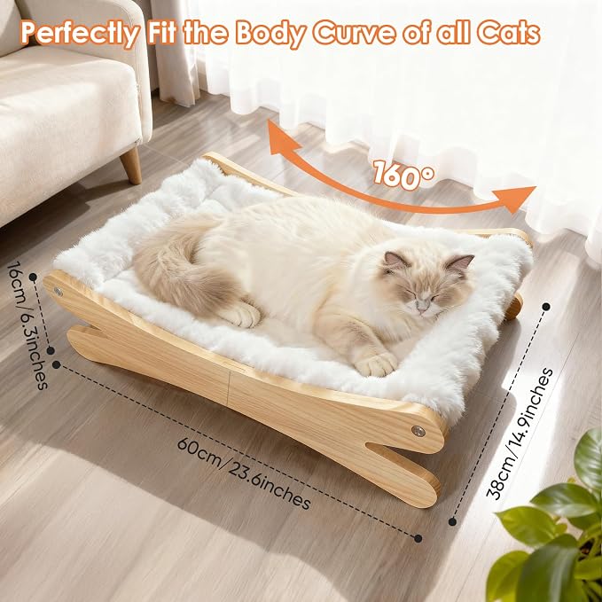 Plush Elevated Cat Bed - Cozy Raised Cat Hammock with Solid Wood Frame, Soft Furry Cushion for Indoor Cats & Small Dogs, Multi-Color Options(White)