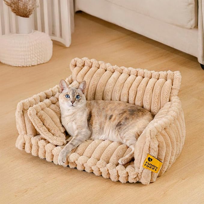 FUNNY FUZZY Cat Bed, Fluffy Orthopedic Supportive Pet Sofa with Pillow | Cat Beds for Indoor Cats, Cozy Corduroy Flannel, Small Dogs, Removable Cover, Non-slip, Snoozy Dream 23.6"×17.7" Up to 15 Lbs
