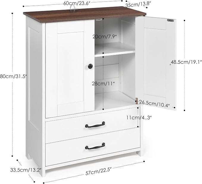 Dog Feeding Station with Double Door Locker, 2 Dog Bowls, 3 Hooks, Dog Food Storage Cabinet, Cat Feeding Dtation, Space-Saving Pet Food Storage Organizer for Indoor Outdoor, White