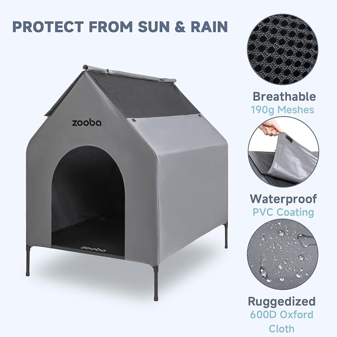 Zooba 29in Medium Dog House Outdoor, Elevated Dog Bed with Canopy, Grey | Weather-resistant 600D PVC canopy, breathable 2x1 Textilene elevated bed, steel frame; indoor or outdoor; easy to clean