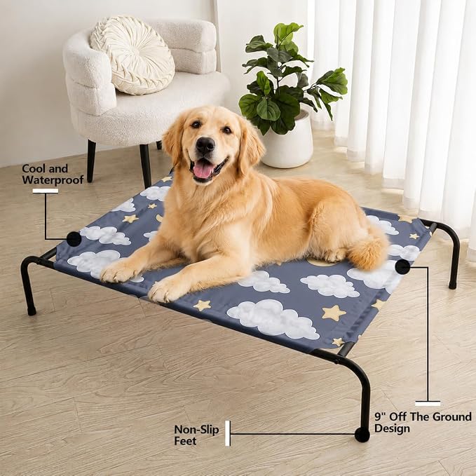 Black Night Cloud Moon Pattern Orthopedic Elevated Dog Pet Bed(47"X31"X9"),with Metal Frame,Breathable Waterproof Dog Kennel,Sleeping Bed for Small Medium Large Dogs Cats,for Home,Outdoor Use