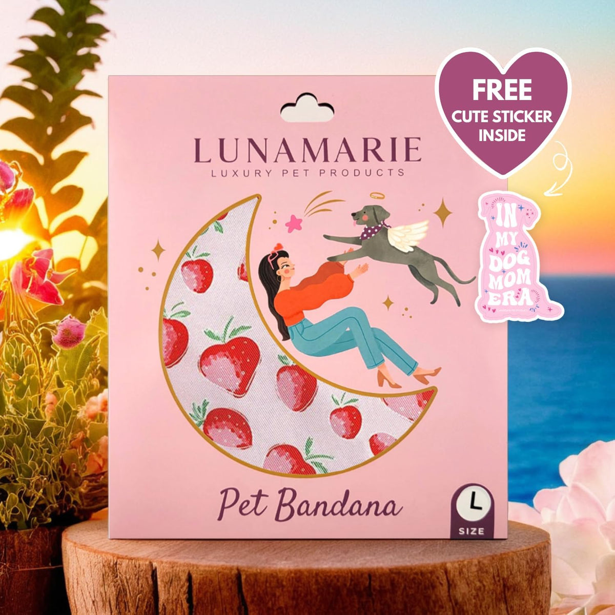 LunaMarie - Luxury Pet Birthday Bandanas -Premium & Silky Poly Fabric | 100% Handmade | Custom Shape Dual Layered (Strawberry, Small)