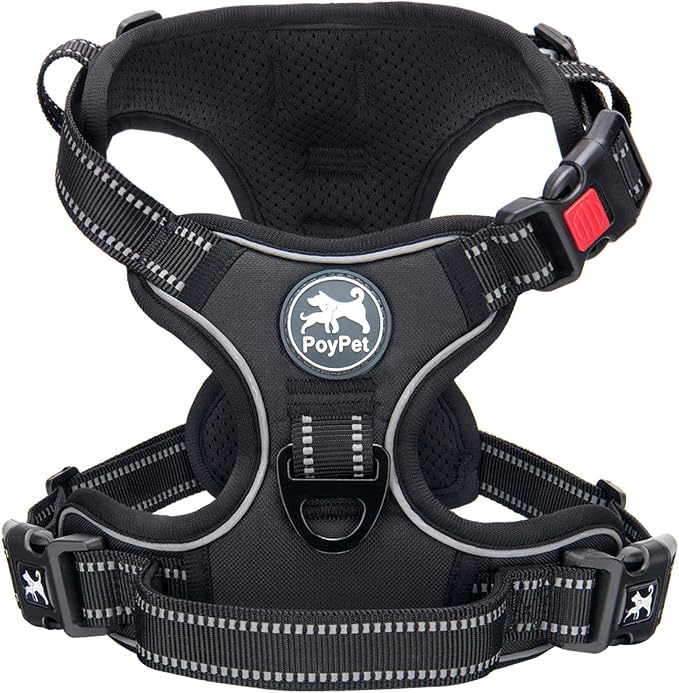 PoyPet No Pull Dog Harness Small with Front Clip & Neck Release Buckle | No Choke, Adjustable Vest, Reflective, Back Clip, Lockable, Soft Padded, Easy Control Handle for Walking Training, S, Black