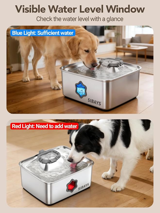 SIBAYS 4Gal/15L Dog Water Fountain, Stainless Steel Pet Water Fountain with Water Level Window & LED Light, Quiet Automatic Dog Water Bowl Dispenser for Large Dogs & Multi-Pet, Easy to Clean FS81