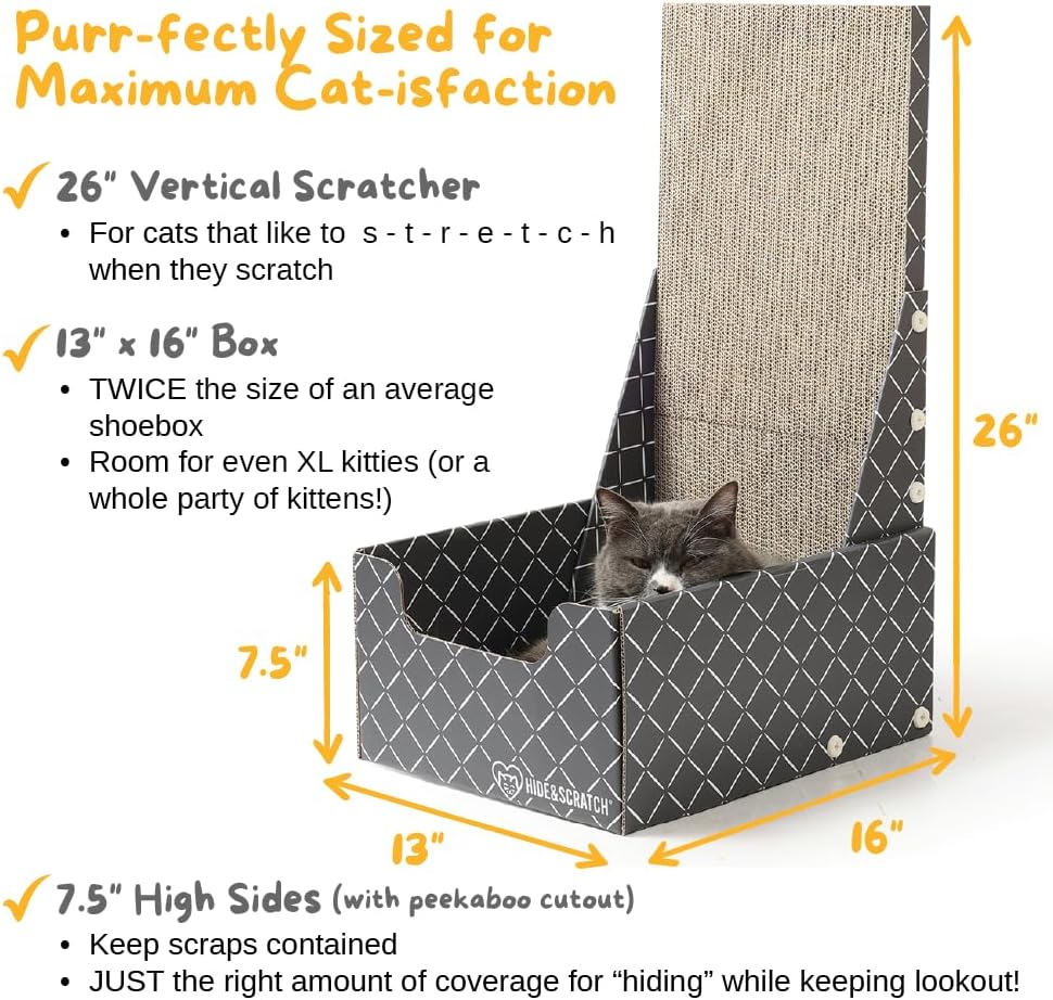 HIDE & SCRATCH 26" L Shaped Cat Scratcher Box and Cat Bed with Double-Sided Cardboard Cat Scratch Pad