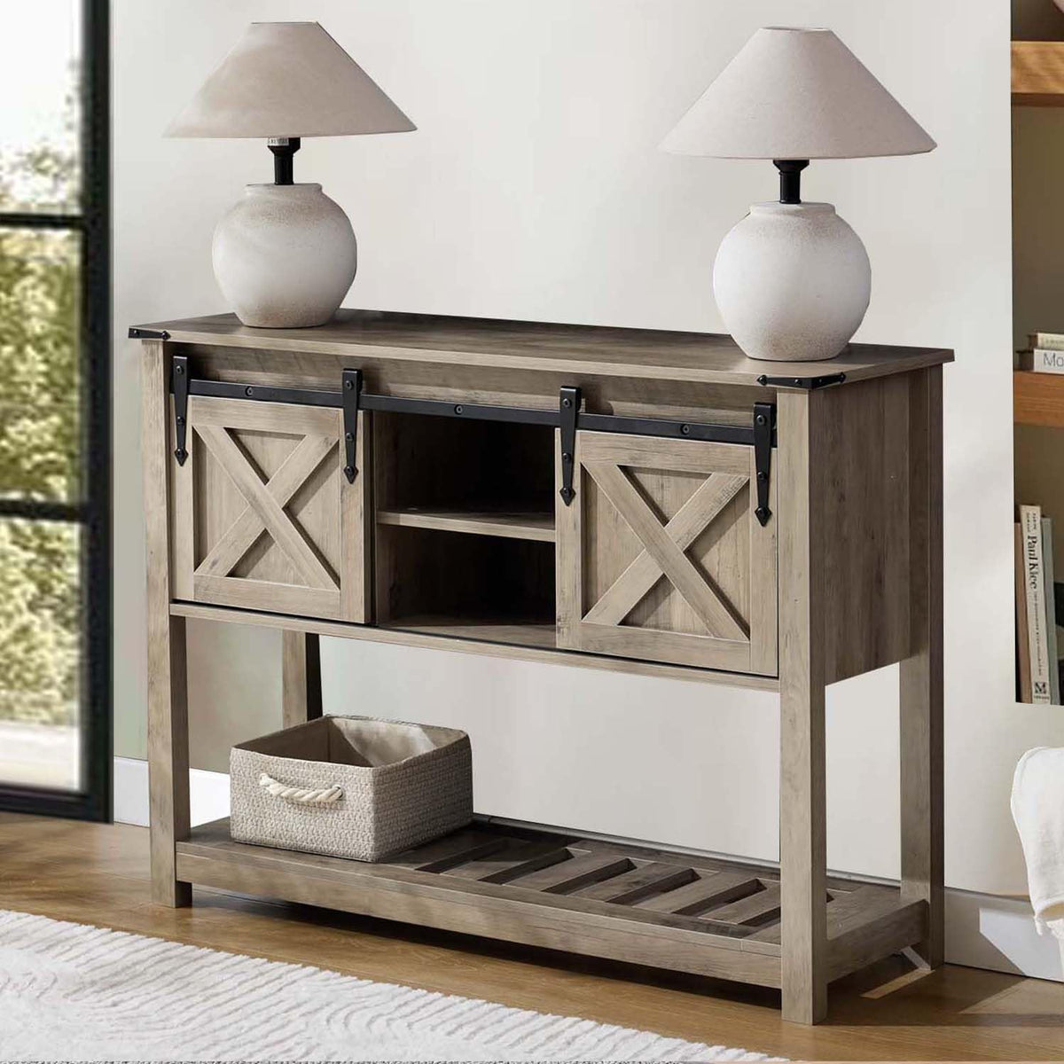 Entryway Table with Storage, Farmhouse Buffet Cabinet Coffee Bar Kitchen Island with Sliding Barn Doors & Shelves, Console Table for Kitchen, Dining Room, Living Room, Grey