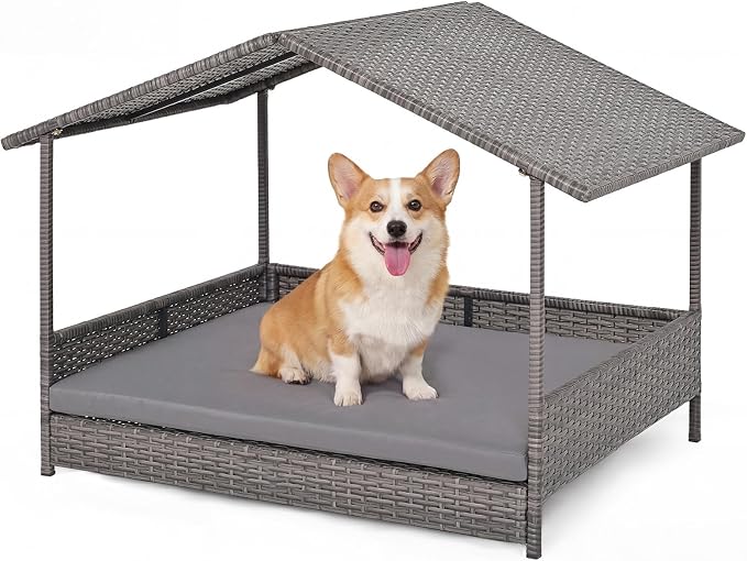 Tangkula Wicker Dog House, Indoor & Outdoor Raised Rattan Bed w/Removable Cushion, Washable Cover, Sloping Roof, Rattan Weather Resistant Puppy Shelter w/Elevated Floor for Small Medium Dogs