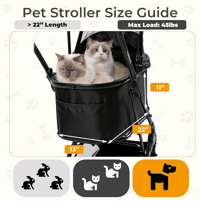 Pet Stroller for Cats and Small Dogs, Cat Strollers for 2 Cats with Detachable Carrier, Safety Leashes, Ventilated, Foldable,Pet Car Seat, All-Terrain Wheels, Storage Basket & Cup Holder, Black