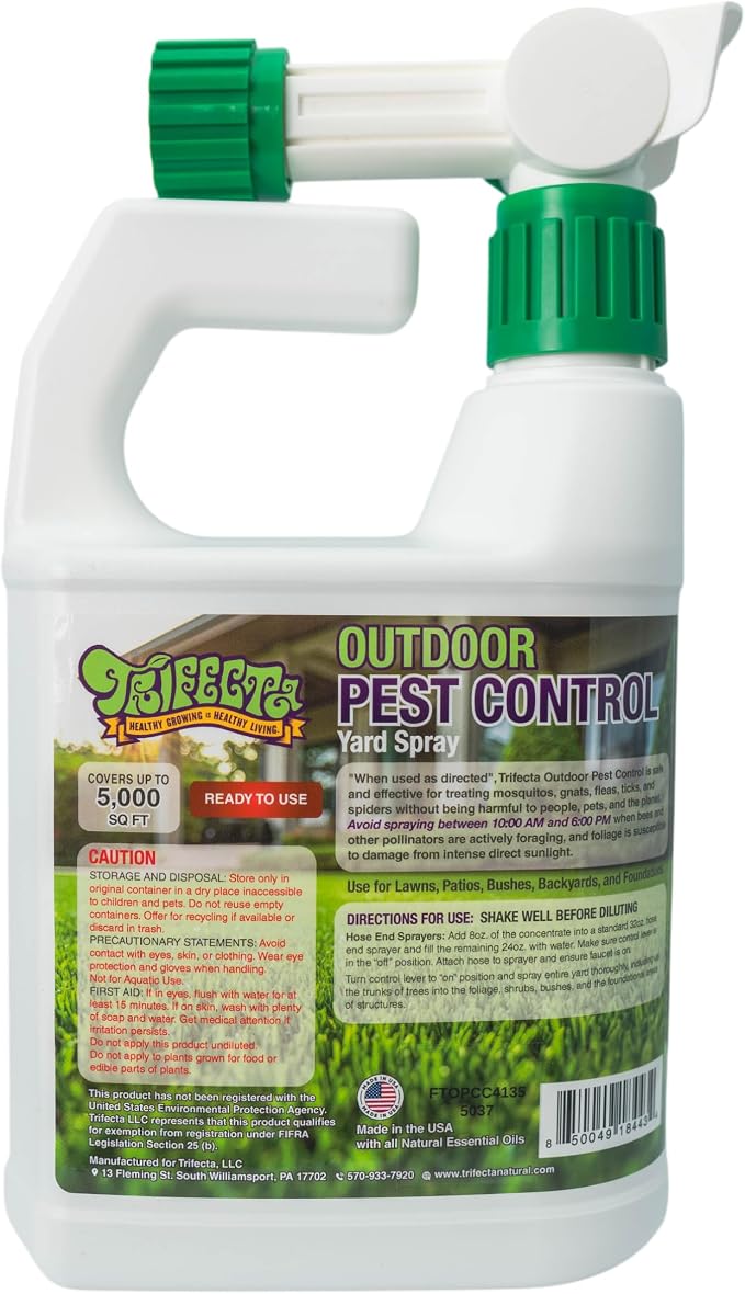 Trifecta Natural Outdoor Pest Control Yard Spray with Essential Oils | Mosquito, Ant, Flea, Tick, Gnat Killer on Contact & Repellent Treatment for Insects Bugs | Safe Around Kids & Pets | 32oz -2 Pack