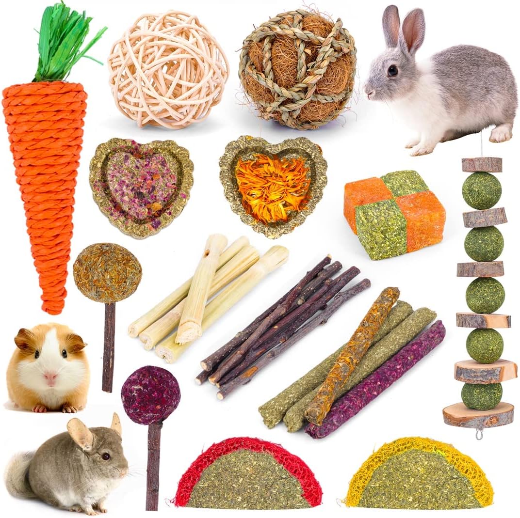 VESPRO Bunny Teys for Rabbits Hamster/Guinea Pig Toys Natural Timothy Hay Sticks chew Treats and Balls for Rabbit, Bunny, chinehila, Guirea Pig, Hamster, Bunny Teeth Care