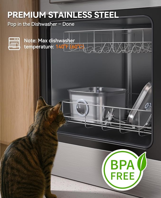 Stainless Steel Cat Water Fountain, 2.8L with 20dB Ultra-Quiet Pump- Ideal for Timid Pets, LED Water Level Window, Dishwasher Safe, 24/7 Circulation- Includes 6 Replacement Filters