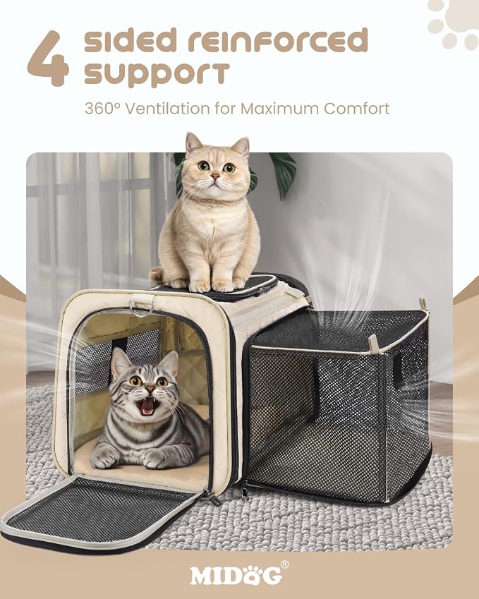 MIDOG Cat Carrier Soft for Small-Medium Cats Up to 25lbs, Airline Approved | Expandable Square Design,Comfort & Breathable Window,Equipped with anti-slip lock zippers and an internal safety leash