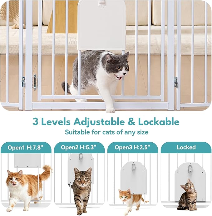 No Pawblems Free Standing Dog Gate with Cat Door, 30'' Tall Foldable Dog Fence for Indoor & Outdoor, Up to 78 Inch Extra Wide Puppy Gate for Stairs, Hallways, Doorways, Deck, Yard (White, 3 Panels)