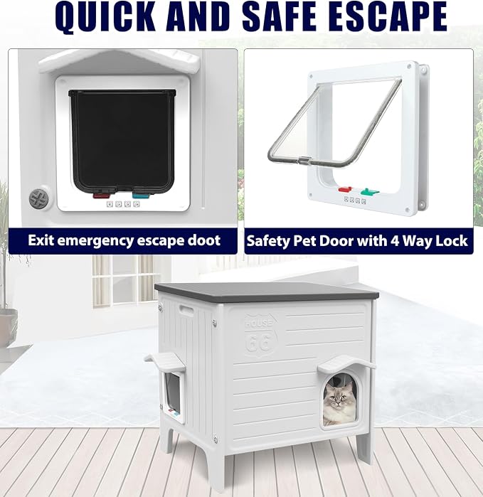 Plastic Outdoor Cat House, 100% Weatherproof Feral Cat Shelter with Safety Escape Door, Cat House with for Barn Cat,