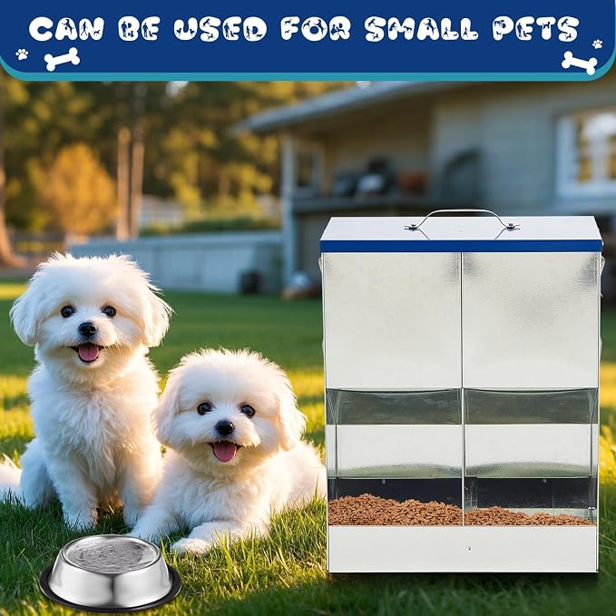 Qinyoung Automatic Feeder for 2 Cats Outdoor Galvanized 42cups/10l Double Feeder with 2 Stainless Steel Water Bowls for Small Pets Cats Dogs Outdoor Indoor Dry Food Dispenser