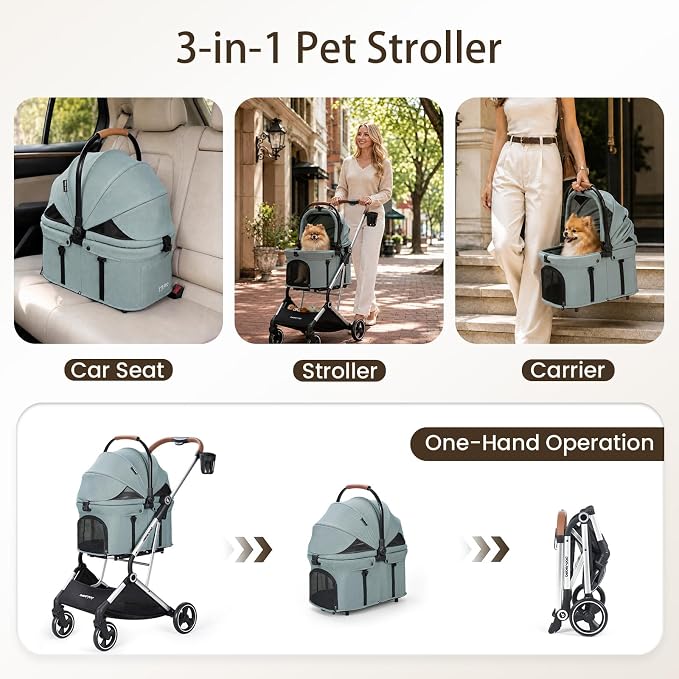 T3 Pro Small Dog Stroller (Green) | Detachable Carrier, 3-in-1 Stroller, Lightweight, Breathable Mesh Fabric, One-Button Braking, Easy to fold, Adjustment Canopy
