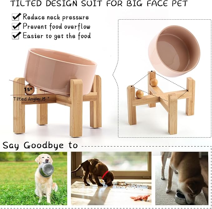 Petygooing Khaki Elevated/Raised 15°Slanted Ceramic Dog Bowl for Small and Medium Breeds, Tilted Anti Slip Pet Feeding Bowl,Food Water Dish with Stand for Cats and Dogs (28 OZ/3.6 Cups)