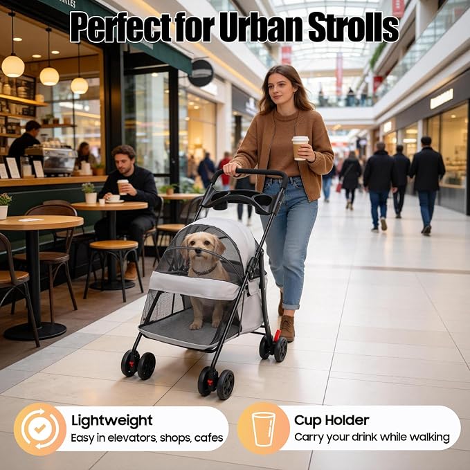 Pet Stroller for Small Medium Dogs Cats, Lightweight Foldable Pet Wagon with 360° Front Wheels & Brake, 40 lbs Capacity Carrier for Park Travel Shopping, Breathable Mesh Basket (Light Gray)