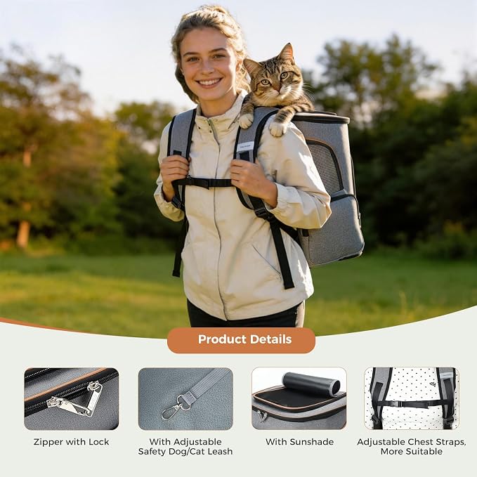 Lekereise Cat Backpack Expandable Pet Carrier Backpack for Small Cats and Dogs, Airline-Approved Foldable Dog Carrier Backpack with Inner Safety Leash, Grey