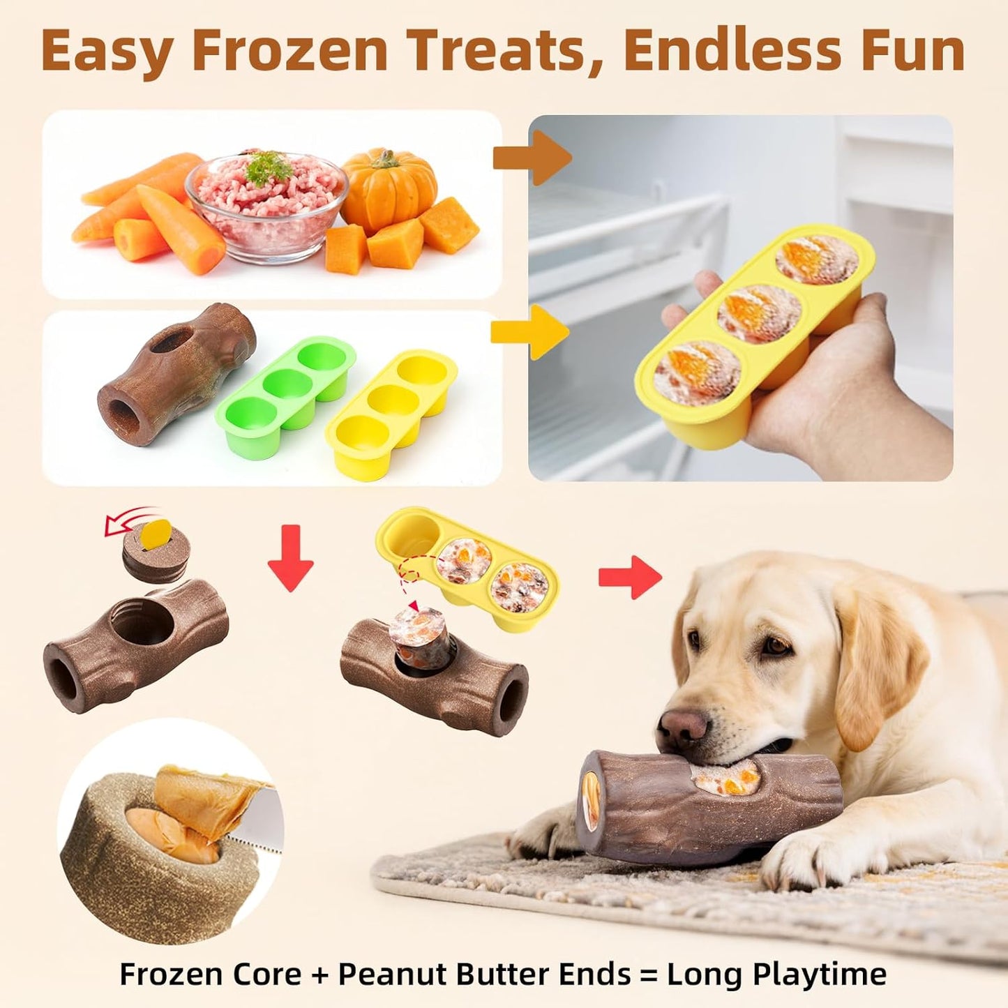 Corn Shape Dog Chew Toy for Small to Medium Dogs – Puppy Teething Toys with Squeaker; Tree Stump Chew Toy for Medium to Large Dogs – Design with Frozen Treat Molds & Peanut Butter Grooves