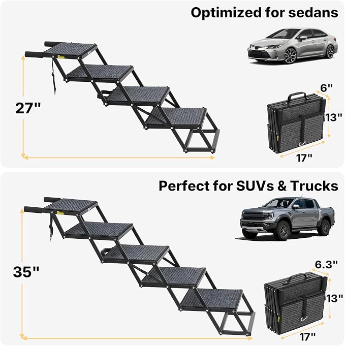 Veehoo Foldable Dog Steps for Car Truck SUV, Collapsible Large Dogs Stairs | 5 Steps Folding Dog Ramp for Cars Portable Pet Ramps Ladder Heavy Duty Non Slip for Trucks Vehicle 17" Wide, Up to 200lbs