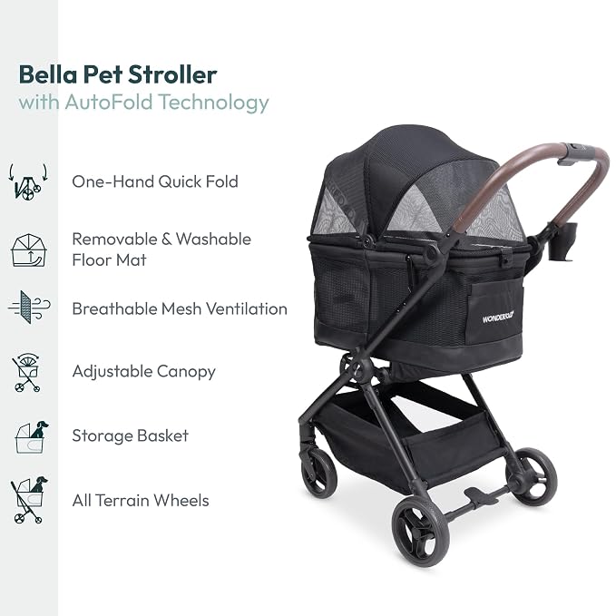 WonderFold Bella Pet Stroller - Autofold Design with Lightweight Aluminum Frame, Breathable Carriage Fabrics and Canopy, Safety Tethers & Easy-Clean Interior - Graphite Black