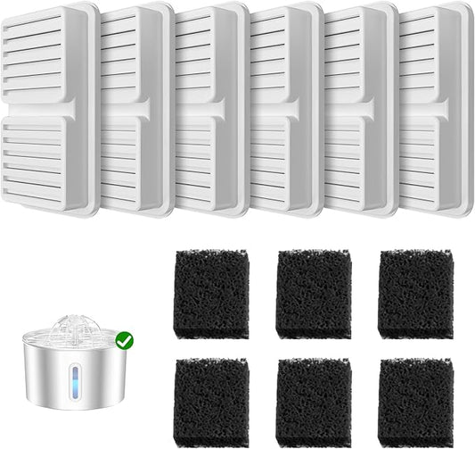 Replacement Filter for Cat Water Fountain - 6 Packs Pet Water Bowl Filters - 6 Filters & 6 Sponges Set for Stainless Steel Cats/Dog Water Dispenser - Activated Carbon & Foam Filtered Refill