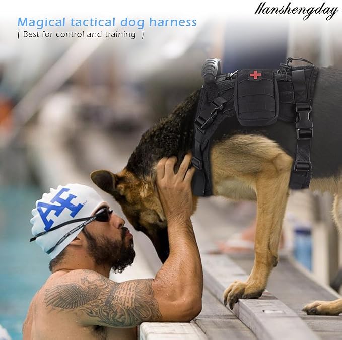 Tactical Dog Vest with Pouches, Adjustable Heavy Duty Nylon Harness for Medium Large Dogs, Service Outdoor Training Military Vest Harness with Molle System and Handle