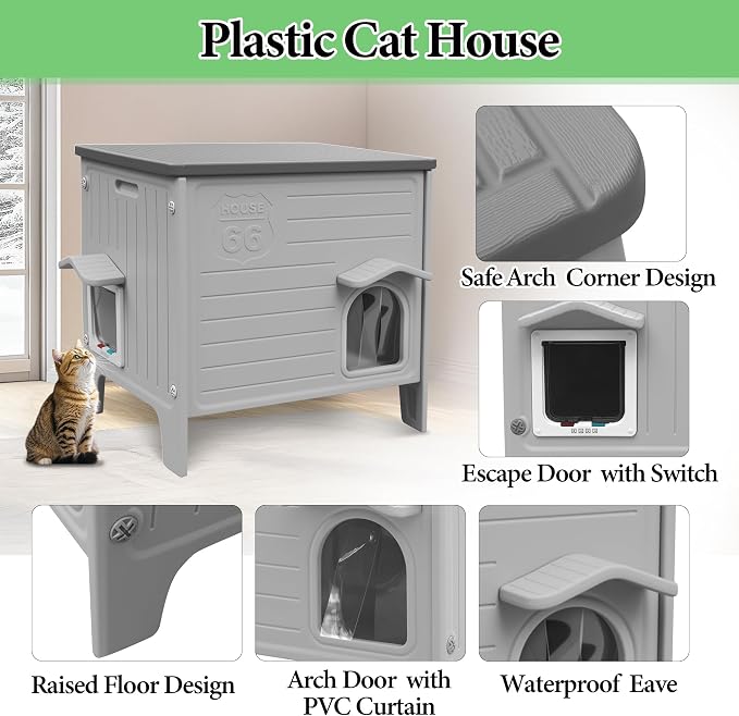Cat House Outdoor Weatherpoof Plastic Cat Shelter Outside | with Escape Door Indoor Waterproof Feral/Pet Cat Houses for Puppy, Rabbit(Grey)