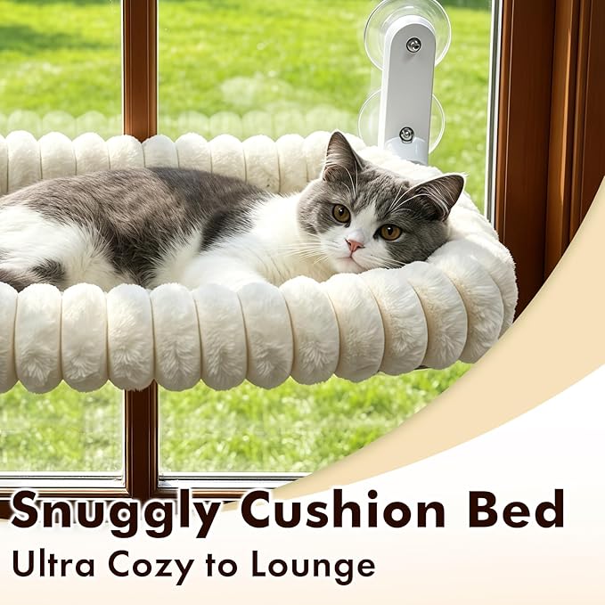 AMOSIJOY Cordless Cat Window Perch, Window Hammock for Cats with 4 Strong Suction Cups, Solid Metal Frame and Cushion Bed Cover, Indoor Cat Bed (XL,Stripe)