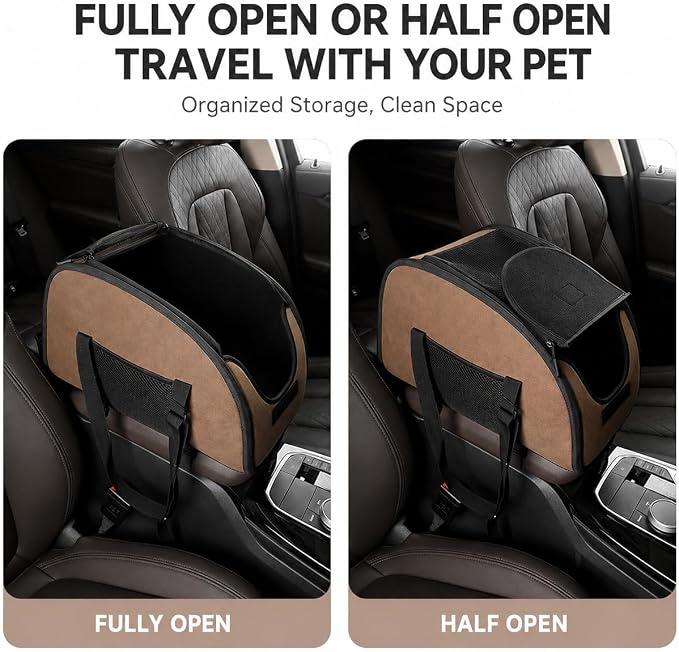 Center Console Dog Car Seat for Small Dogs, Portable Pet Booster Seat with Breathable Mesh Window, Non-Slip Armrest Dog Carrier for Cats & Puppies, Travel Car Seat, Brown