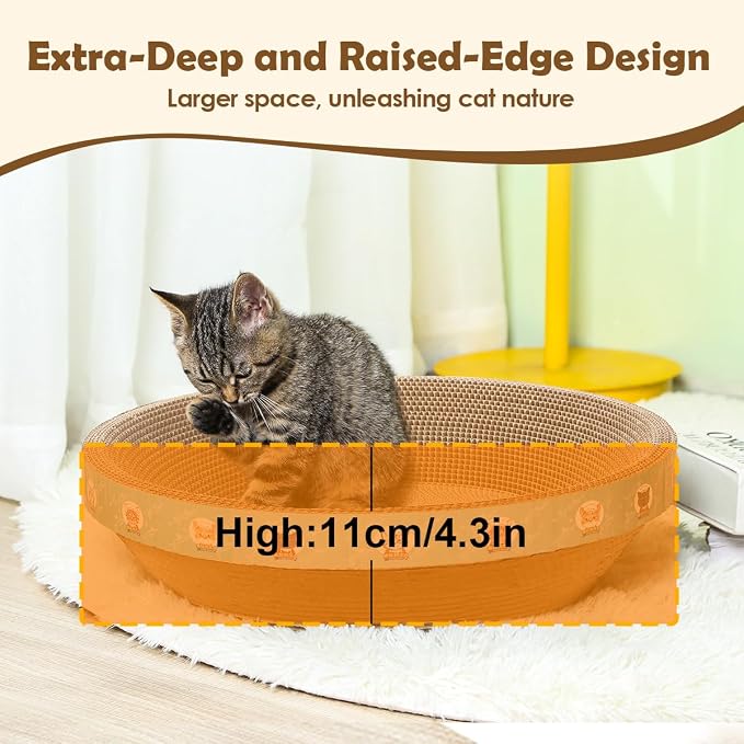 Large Cat Scratcher Bed, 16.9" x 16.9" x 3.9" Cat Scratch Cardboard with 2‑in‑1 Design, Scratching Board Pad for Indoor Cats Kitty Kittens, Scratch Bowl Lounge House Couch, Furniture Protector, Round