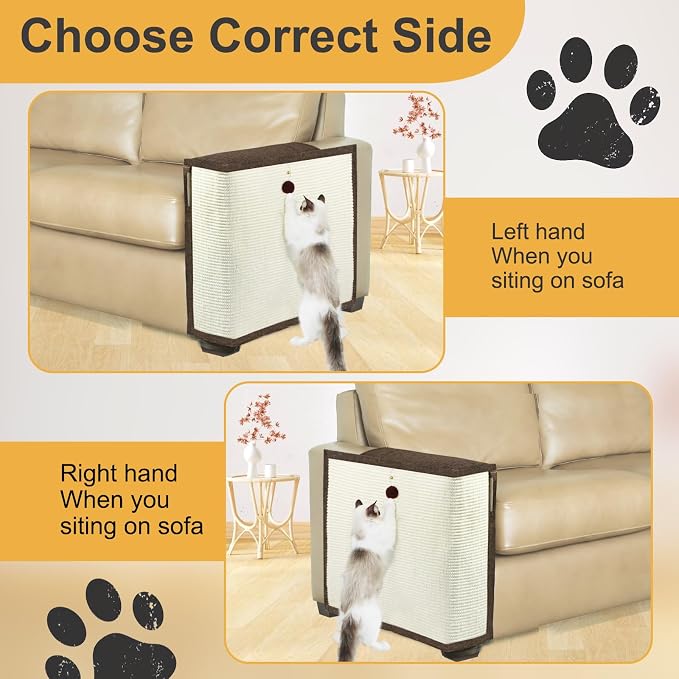 Upgraded Cat Scratch Furniture Protector,Cat Scratch Sofa Arm Sheild with 27.6’‘L*19.6’‘W Natural Sisal and Scratch Ball for Protecting Couch Sofa Chair Furniture (Brown/Right Handed)