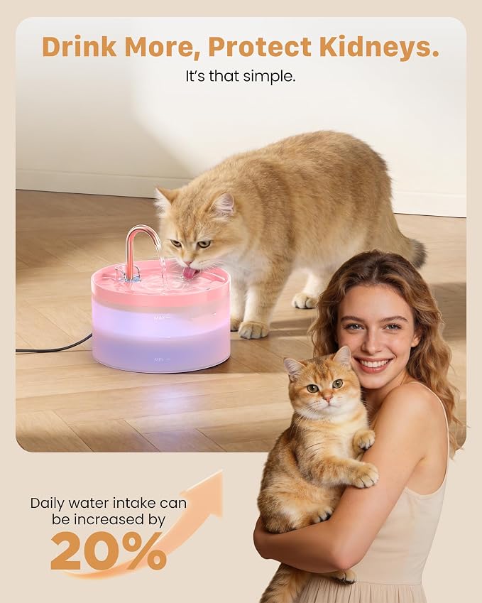 Cat Water Fountain for Cats Indoor: 67oz/2L GIOTOHUN Cat Fountain - Silent Pet Water Fountain for Drinking - Pink Cat Drinking Founttain - Faucet Pet Fountain - Contains 6 Filters + 3 Sponges