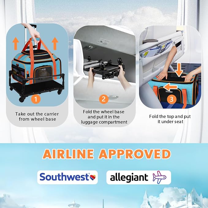 Petskd Top-Expandable Small Pet Carrier with Wheels (19" L x 13" W x 9" H), Southwest/Allegiant Airlines Approved, Rolling Pet Carrier for Small Dogs & Cats (Black)