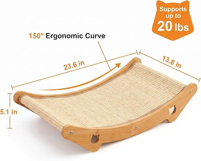 Cat Scratcher & Scratching Lounge, 3-in-1 Sisal Bed & Hammock for Indoor Cats, Wood Frame, Curved Lounge, Large 23.6x13.8in, Cat Furniture, 20 lbs