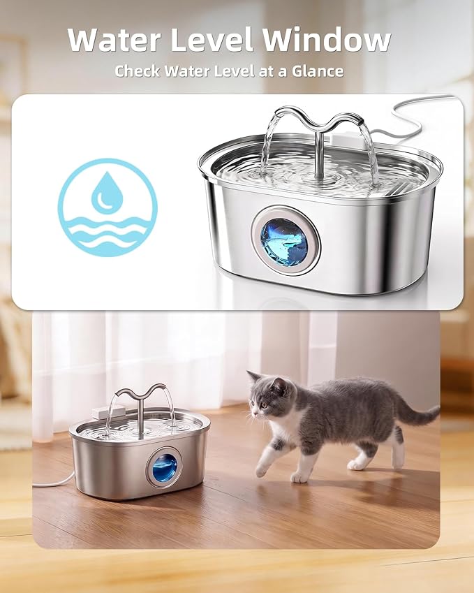Stainless Steel Cat Water Fountain, 108oz/3.2L Pet Water Fountain for Cats Inside, with Dual Spouts for Multiple Cats, Ultra-Quiet Automatic Dog Water Dispenser, 6 Replacement Filters Included