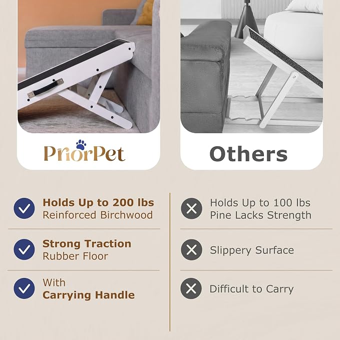 Dog Ramp for Couch – Non-Slip, Sturdy Build Foldable Wooden Dog Ramp – Supports up to 200 lbs – 7 Adjustable Heights (14"–20.5") – Enhanced Stability – Birchwood Pet Ramp for Small Dogs – White