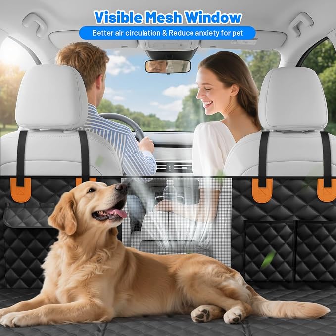 Dog Car Seat Cover for Back Seat,Hard Bottom Hammock Hold 400lbs For Cars | Hold 400lbs,Waterproof,Anti-Scratching,Safety Non-Slip,600D Oxford,Mesh Window,Storage Pocket,for Cars/SUV/ Sedans/MPV