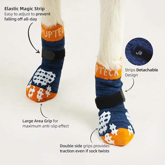 PUPTECK Anti-Slip Dog Socks with Double Sides Grips for Small Medium Large Dogs Hardwood Floors Prevents Licking, Dog Shoes for Hot Pavement Traction Control for Senior Dogs, Dark Blue, XL