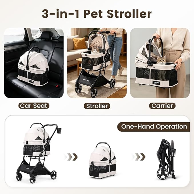 T3 Small Dog Stroller (Beige) | Detachable Carrier, Easy Assembly, Aluminum Alloy Frame, Larger Rear Wheels, Breathable Fabric, One-Touch Braking
