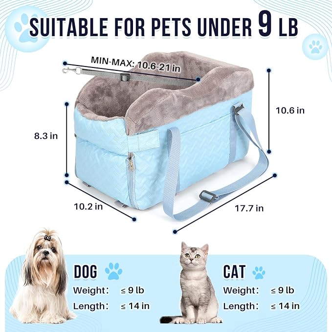 SlowTon Console Dog Car Seat - Portable Center Dog Car Seat for Small Dogs up to 9 lbs, Washable Pet Carseat with Soft Cushion Safe Protection Hooks & Storage Pocket, Blue