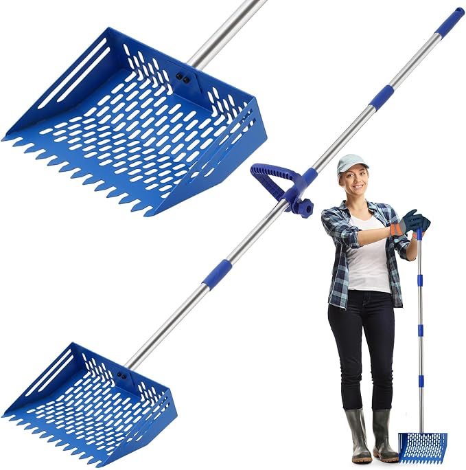 Linidcoud Chicken Poop Scooper, 10 Inch Metal Long Handle Chicken Coop Sand Pooper Scooper & Rake Adjustable Length, Durable Dog Pooper Scooper for Yard Farm Coop Accessories(Blue)