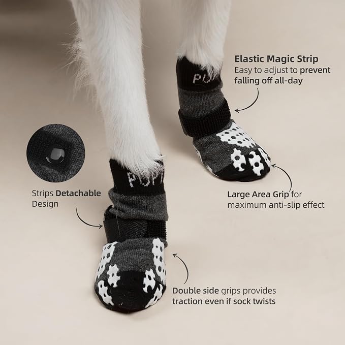 PUPTECK Anti-Slip Dog Socks with Double Sides Grips for Small Medium Large Dogs Hardwood Floors Prevents Licking, Dog Shoes for Hot Pavement Traction Control Paw Protector for Senior Dogs, Grey XS
